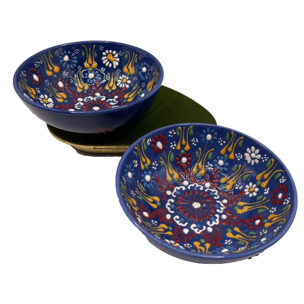 Hand Painted Stamped Turkish Ceramic Bowl Set Of 2 Hand Made 5" Diameter 2" Tall - Picture 3 of 10